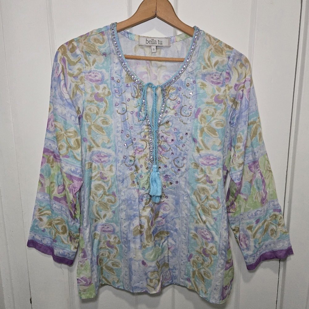 Bella Tu Womens Beaded Fairy Blouse Size S Fairycore Fae Sparkle Ren Fest Floral - Picture 13 of 13